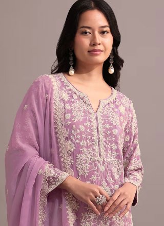 Magnificent Purple Faux Georgette Salwar Suit with Embroidered, Khatli and Thread Work