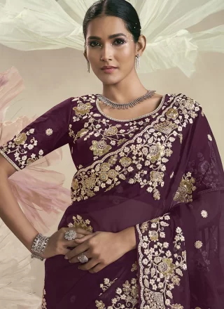 Magnificent Purple Organza Classic Saree with Cord, Cut, Embroidered, Sequins and Zari Work