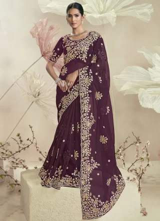 Magnificent Purple Organza Classic Saree with Cord, Cut, Embroidered, Sequins and Zari Work