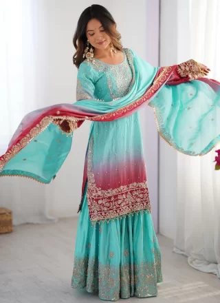 Majestic Aqua Blue Chinon Palazzo Salwar Suit