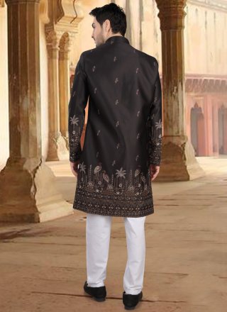 Majestic Black Silk Sherwani Mens Wear with Broches, Embroidered, Sequins and Zari Work
