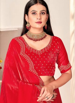 Majesty Red Satin Silk Contemporary Saree with Swarovski Work