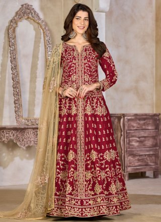 Maroon and Rani Art Silk Salwar Suit