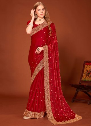 Maroon and Rani Fandy Embroidered, Swarovski and Zari Work Contemporary Saree