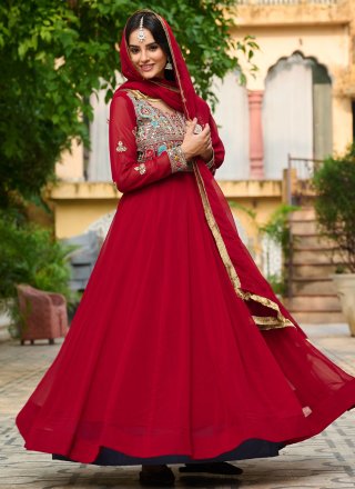 Maroon and Rani Faux Georgette  Designer Gown with Embroidered, Sequins and Zari Work