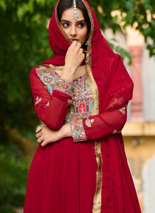 Maroon and Rani Faux Georgette  Designer Gown with Embroidered, Sequins and Zari Work