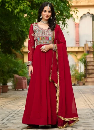 Maroon and Rani Faux Georgette  Designer Gown with Embroidered, Sequins and Zari Work