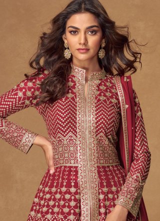 Maroon and Rani Georgette Readymade Lehenga Choli with Embroidered and Zari Work for Women