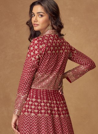 Maroon and Rani Georgette Readymade Lehenga Choli with Embroidered and Zari Work for Women