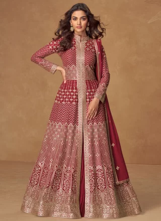 Maroon and Rani Georgette Readymade Lehenga Choli with Embroidered and Zari Work for Women