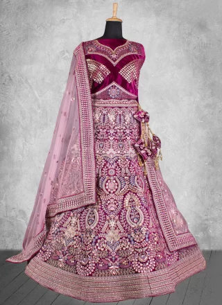 Maroon and Rani Velvet Embroidered, Sequins and Zari Work A - Line Lehenga Choli for Engagement