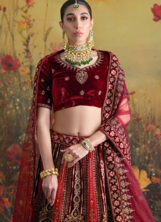 Maroon and Rani Velvet Lehenga Choli with Dimond, Embroidered, Sequins, Stone, Thread and Zari Work for Bridal