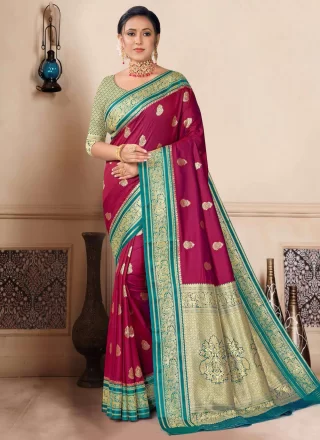 Maroon and Rani Weaving Work Silk Classic Saree