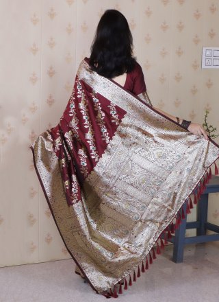 Maroon Banarasi Silk Classic Saree with Woven Work