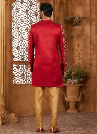 Maroon Banarasi Silk Hand and Machine Embroidery Work Indo Western Sherwani