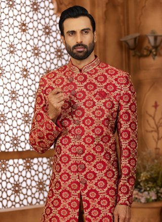 Maroon Banarasi Silk Hand and Machine Embroidery Work Indo Western Sherwani
