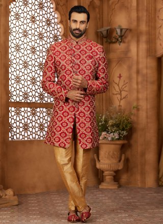 Maroon Banarasi Silk Hand and Machine Embroidery Work Indo Western Sherwani