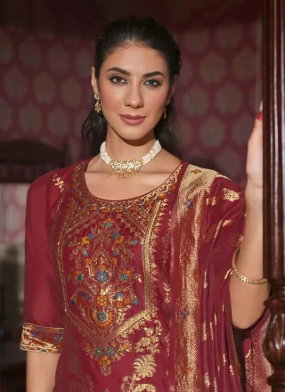 Maroon Banarasi Silk Hand, Jacquard and Woven Work Salwar Suit