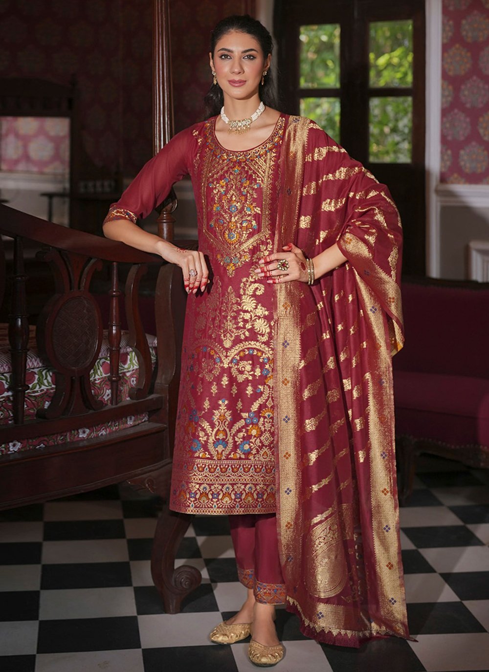 Buy Maroon Banarasi Silk Hand, Jacquard and Woven Work Salwar Suit