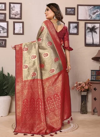Maroon Banarasi Silk Trendy Saree with Weaving Work