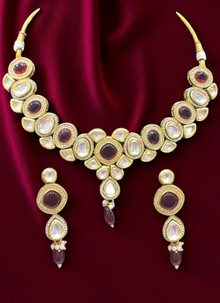 Maroon Beads and Stone Work Necklace Set