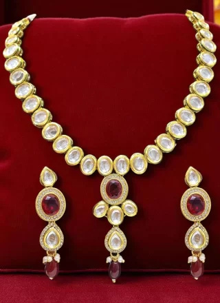 Maroon Beads and Stone Work Necklace Set
