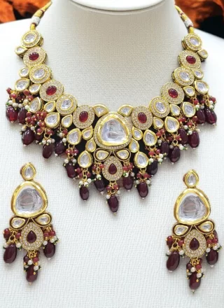 Maroon Beads, Moti and Stone Work Necklace Set