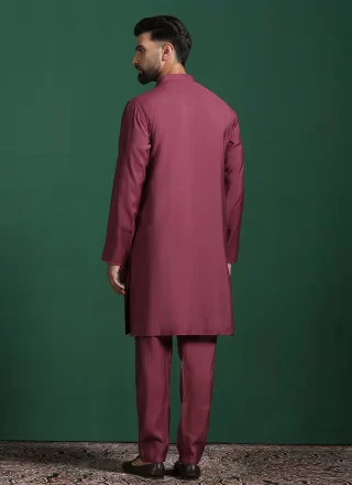 Maroon Blended Cotton Kurta Pyjama In Plain