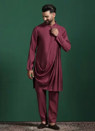 Maroon Blended Cotton Kurta Pyjama In Plain