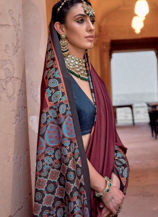 Maroon Block Print and Paisley Print Work Silk Designer Saree