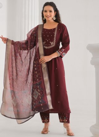 Maroon Chanderi Embroidered Work Salwar Suit for Ceremonial