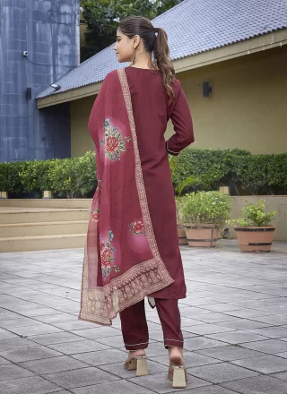 Maroon Chanderi Pant Style Suit with Embroidered and Print Work