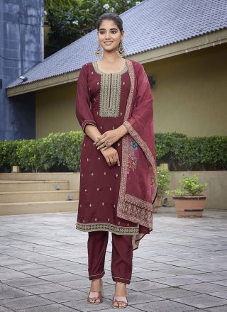Maroon Chanderi Pant Style Suit with Embroidered and Print Work