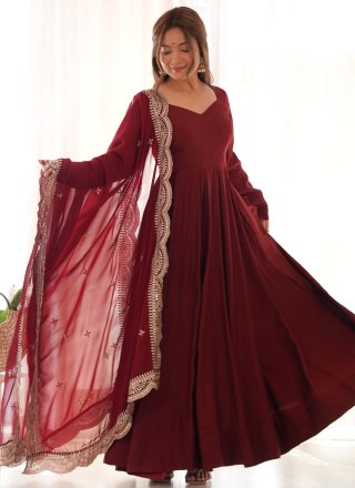 Maroon Chanderi Silk Floor Length Salwar Suit In Plain