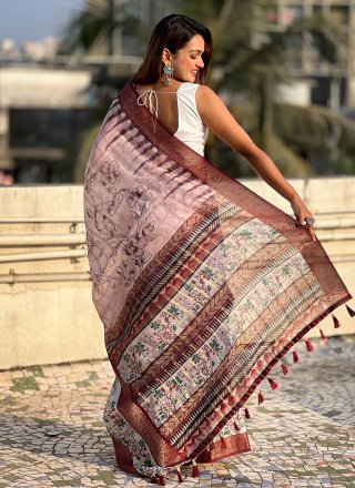 Maroon Chanderi Trendy Saree with Print and Woven Work