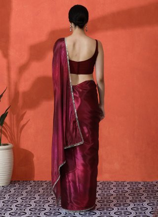 Maroon Chinon Classic Sari with Digital Print Work