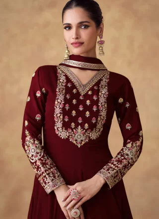 Maroon Chinon  Designer Gown with Embroidered, Sequins and Zari Work