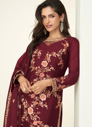 Maroon Chinon Salwar Suit with Embroidered and Floral Patch Work