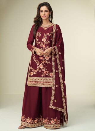 Maroon Chinon Salwar Suit with Embroidered and Floral Patch Work