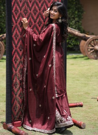 Maroon Chinon Salwar Suit with Embroidered Work