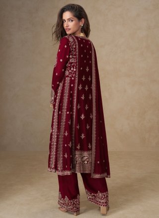 Maroon Chinon Straight Salwar Suit with Embroidered Work for Mehndi Colour
