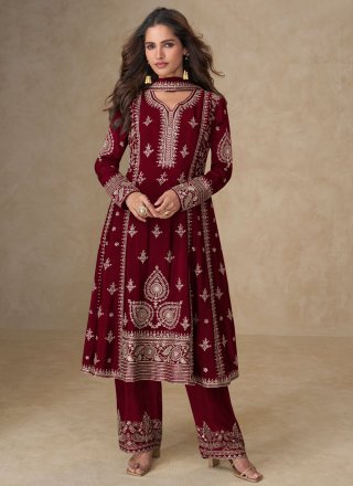 Maroon Chinon Straight Salwar Suit with Embroidered Work for Mehndi Colour