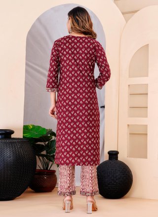 Maroon Cotton Embroidered and Print Work Salwar Suit