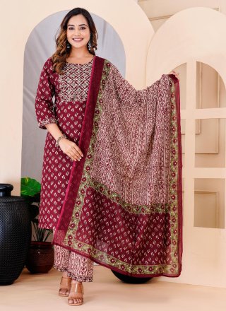 Maroon Cotton Embroidered and Print Work Salwar Suit