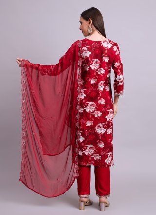 Maroon Cotton Embroidered and Print Work Salwar Suit for Ceremonial