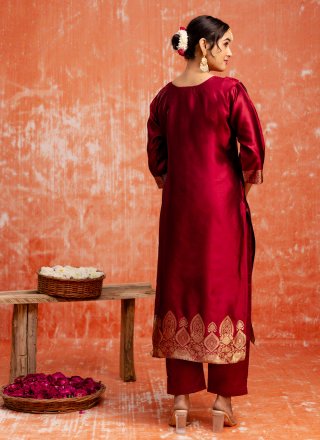 Maroon Cotton Jacquard and Zari Work Salwar Suit for Ceremonial