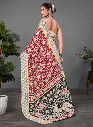 Maroon Cotton Print Work Contemporary Saree