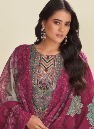 Maroon Cotton Salwar Suit with Digital Print and Embroidered Work for Ceremonial
