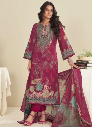 Maroon Cotton Salwar Suit with Digital Print and Embroidered Work for Ceremonial