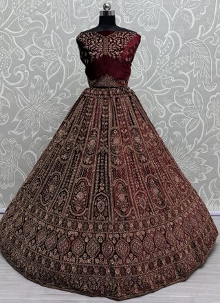 Maroon Diamond, Dori, Embroidered, Fancy, Multi, Patch Border, Sequins and Thread Work Velvet A - Line Lehenga Choli